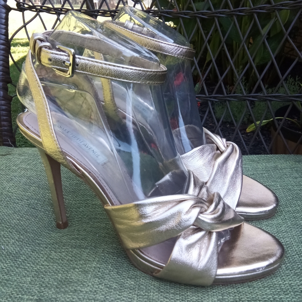 Saks Fifth Avenue Rochelle Gold Lame Leather Strappy Stiletto Heel.